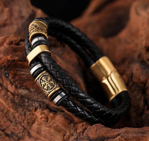 Viking Leather Goldtone Accent Stainless Steel Bracelet