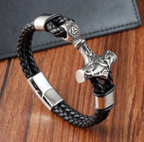Thor's Hammer Leather & Stainless Steel Bracelet