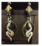 Snake w bronze brass rings and gold blue diamond beads Earrings