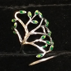 R Green Leaves Tree LIfe 925 Silver Ring